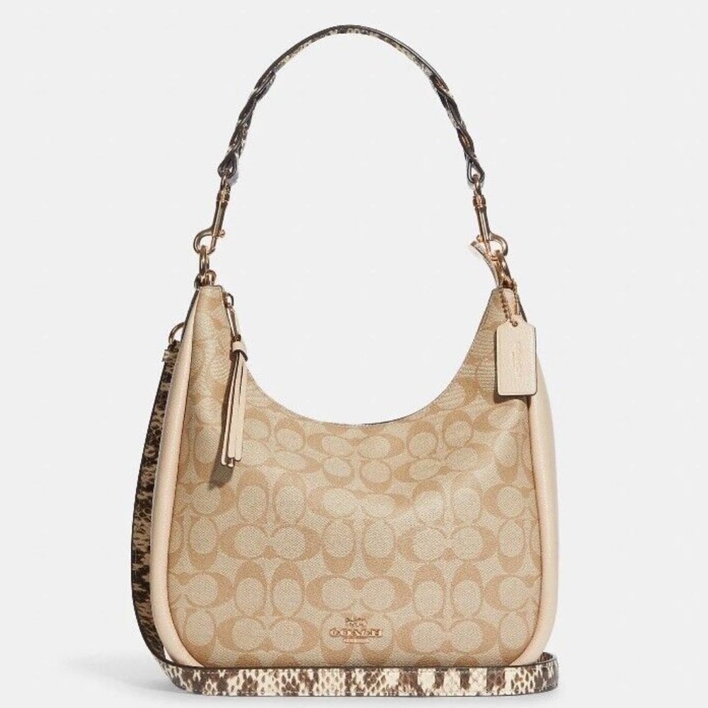 COACH Jules Hobo Pebble & Snake-Embossed Leather Bag Light Khaki/Ivory C9191 - Picture 4 of 9
